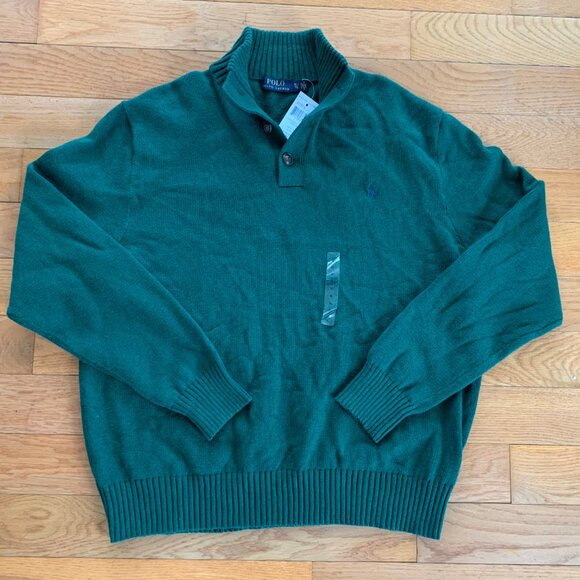 NEW Polo Ralph Lauren Men's XL 1/4 Button 100% Cotton‎ Mock Neck Sweater Green - Picture 1 of 8